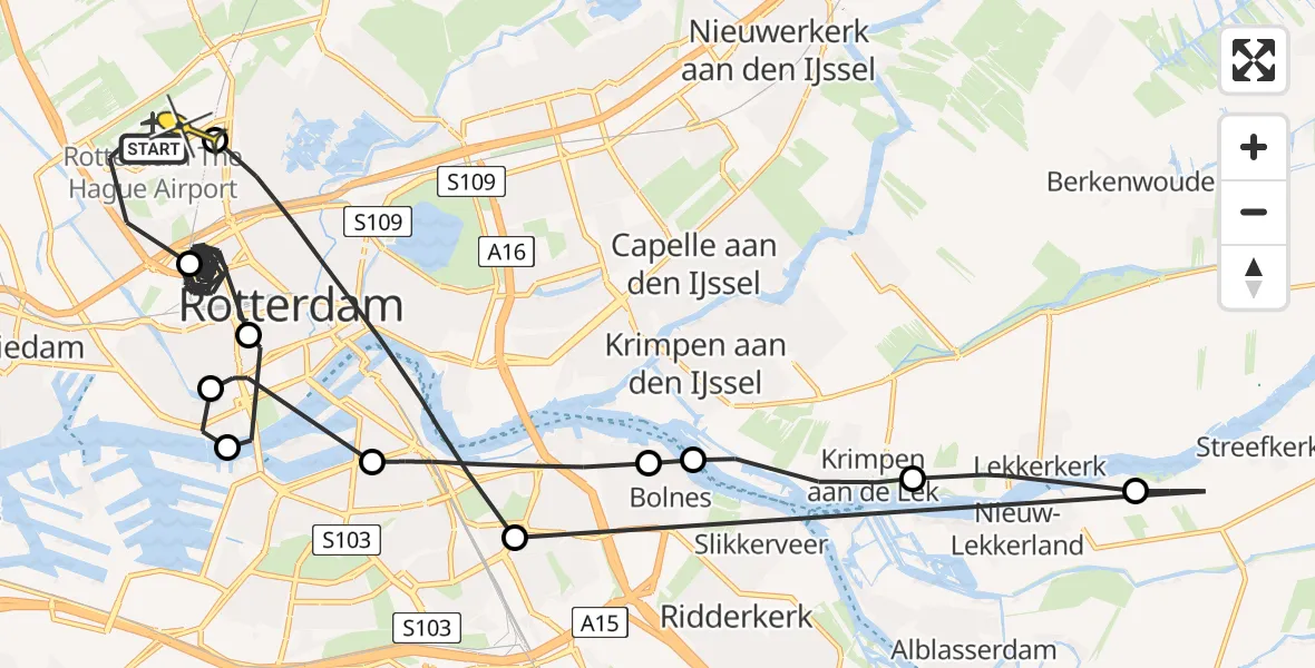 Routekaart van de vlucht: Politiehelikopter naar Rotterdam The Hague Airport, Brandenburgbaan