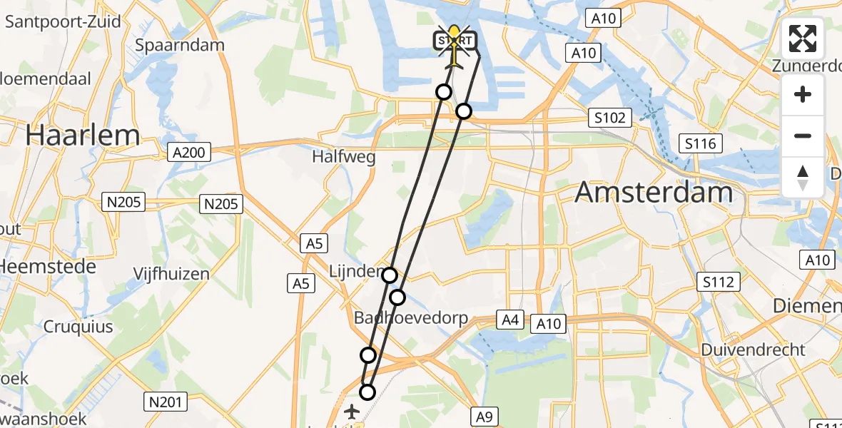 Routekaart van de vlucht: Lifeliner 1 naar Amsterdam Heliport, Westhaven