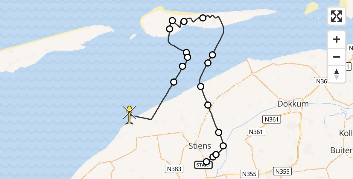 Routekaart van de vlucht: Ambulancehelikopter naar St.-Annaparochie, Koarnjumer Feart