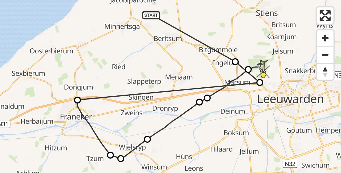 Routekaart van de vlucht: Ambulancehelikopter naar Vliegbasis Leeuwarden, Sirtemawei