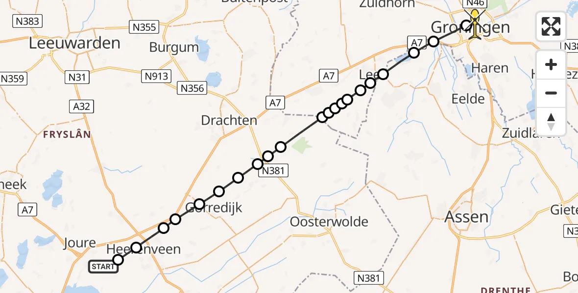 Routekaart van de vlucht: Lifeliner 4 naar Universitair Medisch Centrum Groningen, Streek