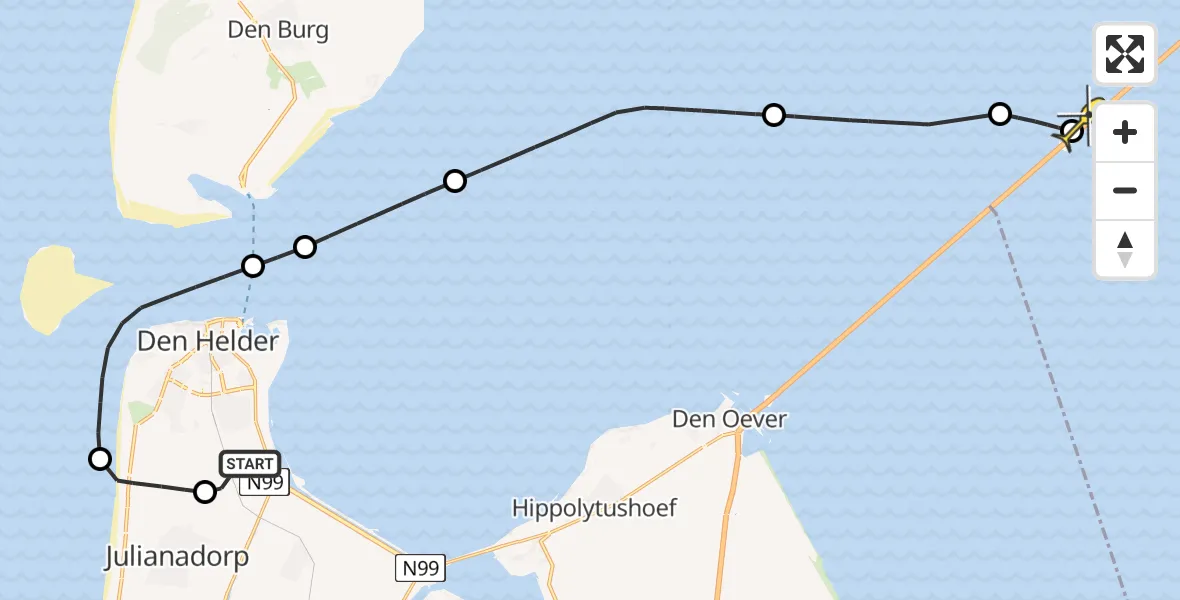 Routekaart van de vlucht: Kustwachthelikopter naar Breezanddijk, Maria's hoeve