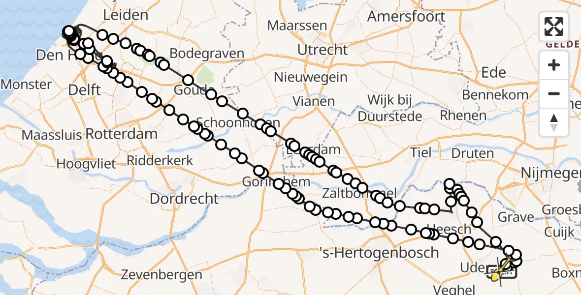 Routekaart van de vlucht: Politieheli naar Vliegbasis Volkel, Zeelandsedijk