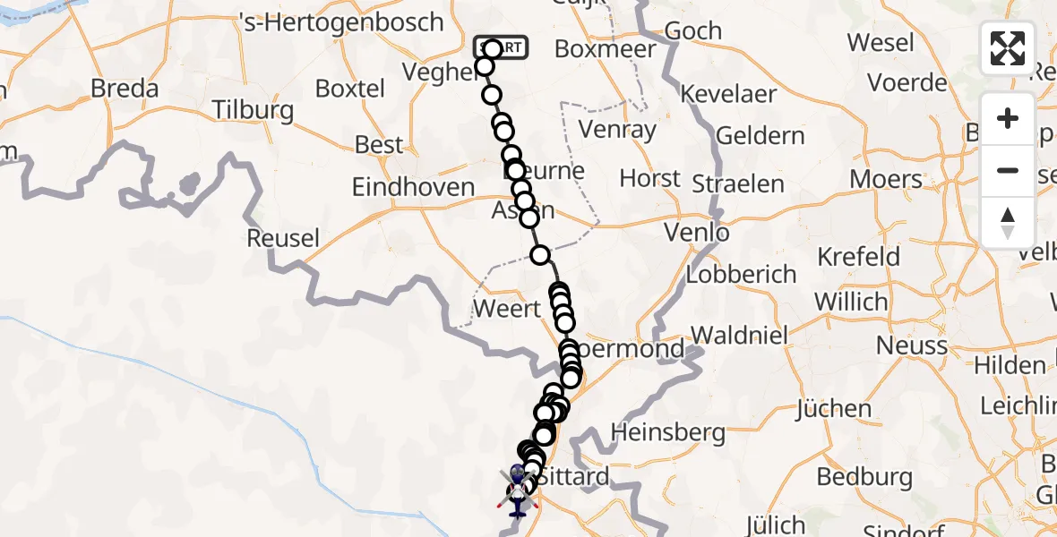 Vluchtroute Politiehelikopter van Vliegbasis Volkel naar 