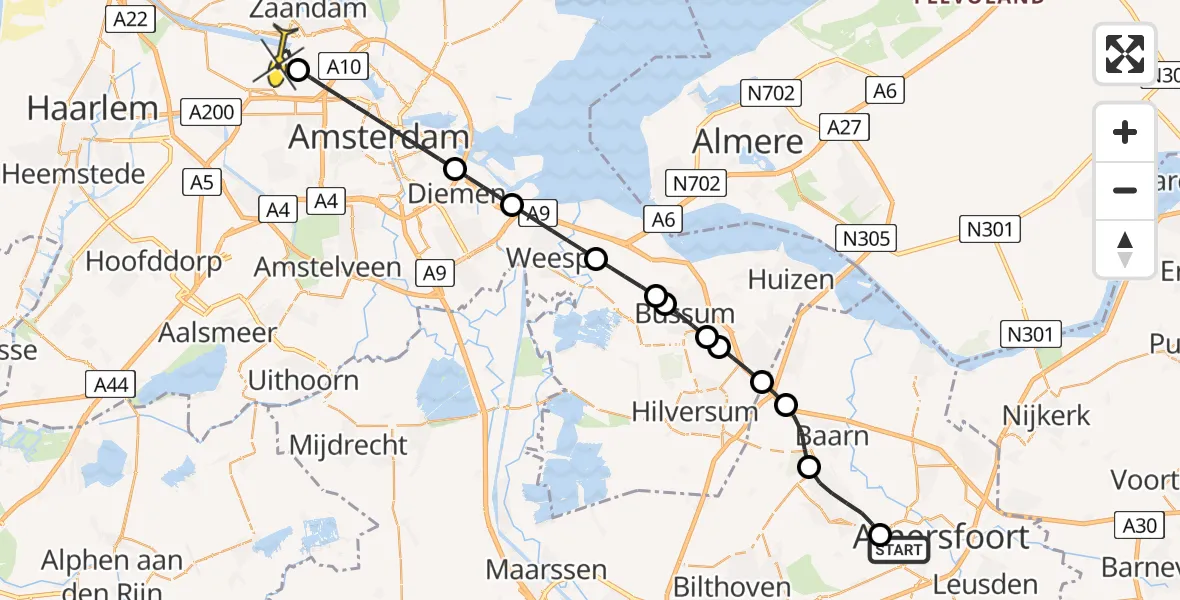 Routekaart van de vlucht: Lifeliner 1 naar Amsterdam Heliport, Pinetumpad