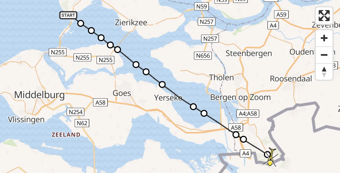 Routekaart van de vlucht: Lifeliner 2 naar Putte, Oosterscheldekering