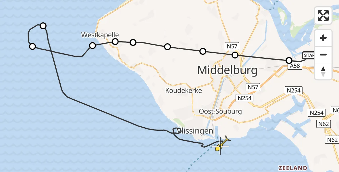 Routekaart van de vlucht: Kustwachthelikopter naar Vlissingen, Muidenweg