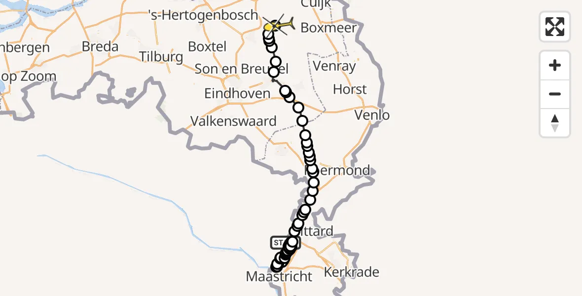 Routekaart van de vlucht: Politieheli naar Vliegbasis Volkel, Koegriend Dijkweg