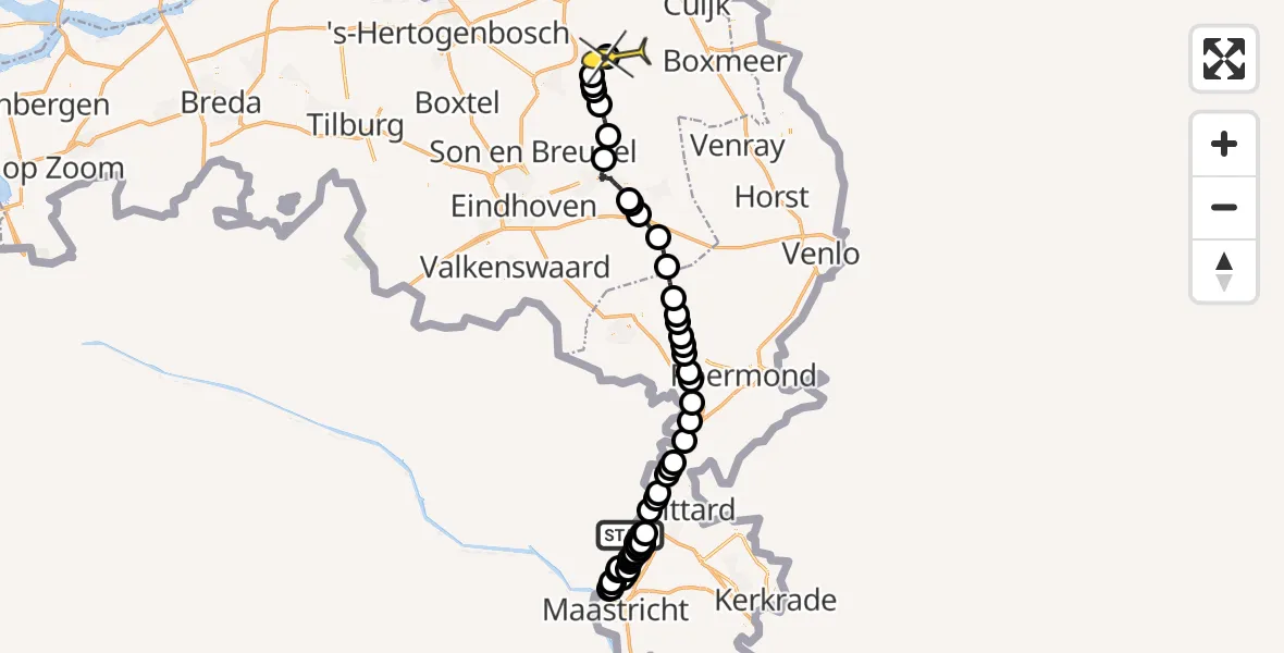 Routekaart van de vlucht: Politiehelikopter naar Vliegbasis Volkel, Koegriend Dijkweg