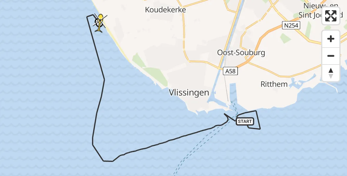 Routekaart van de vlucht: Kustwachthelikopter naar Koudekerke, Fort De Ruyterweg