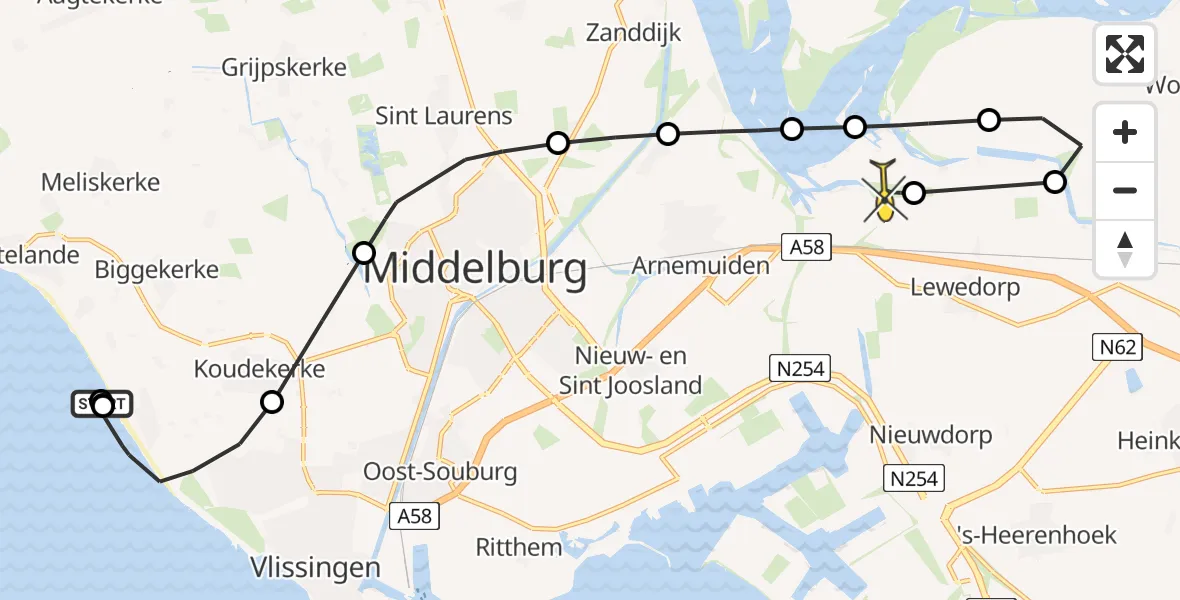 Routekaart van de vlucht: Kustwachthelikopter naar Vliegveld Midden-Zeeland, Strand Koudekerke