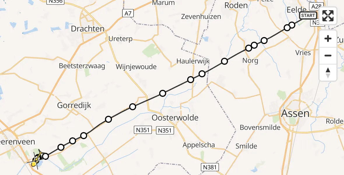 Routekaart van de vlucht: Lifeliner 4 naar Oudeschoot, Veldkampweg