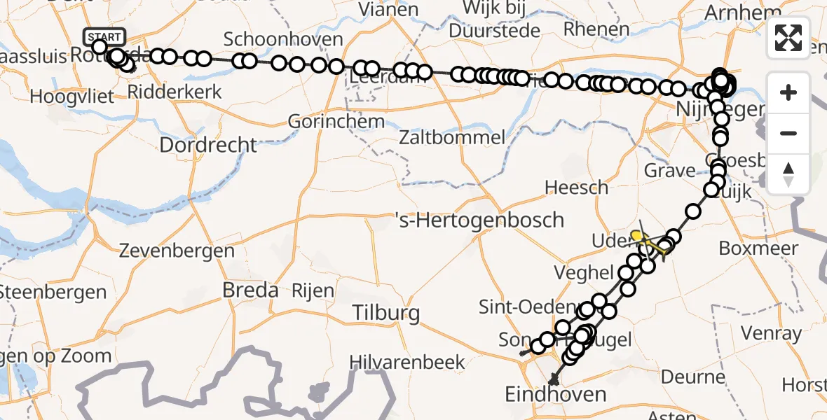 Routekaart van de vlucht: Politieheli naar Vliegbasis Volkel, Grote Werfstraat