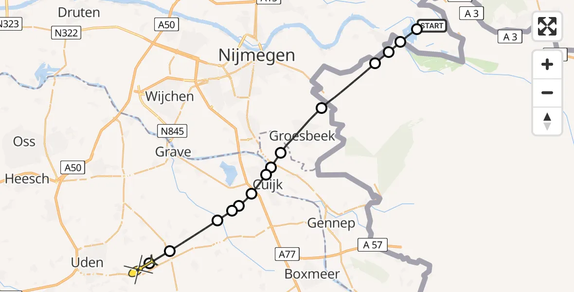 Routekaart van de vlucht: Lifeliner 3 naar Vliegbasis Volkel, 's-Gravenwaardsedijk