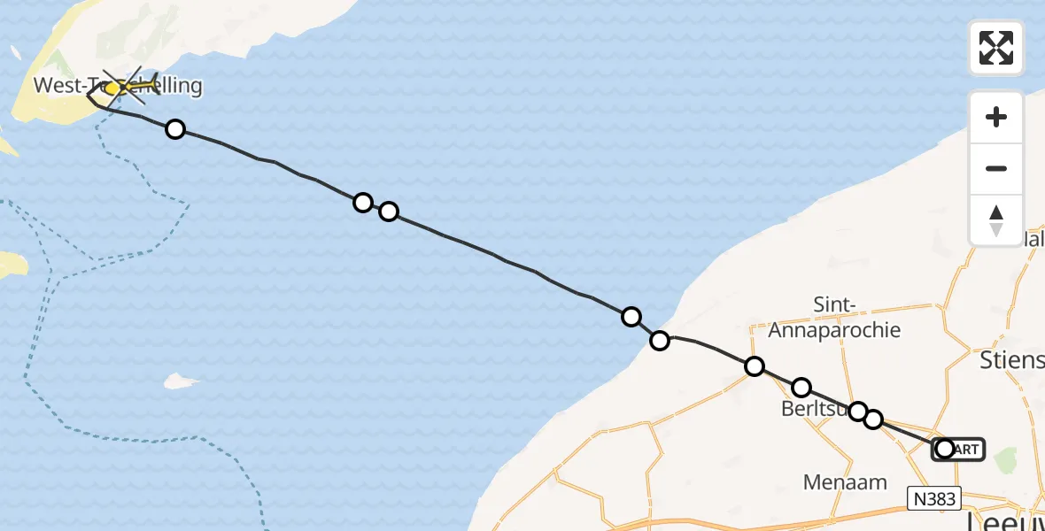 Routekaart van de vlucht: Ambulanceheli naar West-Terschelling, Ingelumerdyk