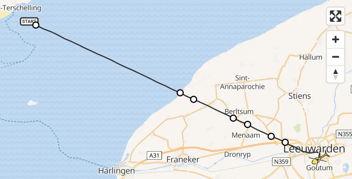 Routekaart van de vlucht: Ambulanceheli naar Leeuwarden, Borniastraat