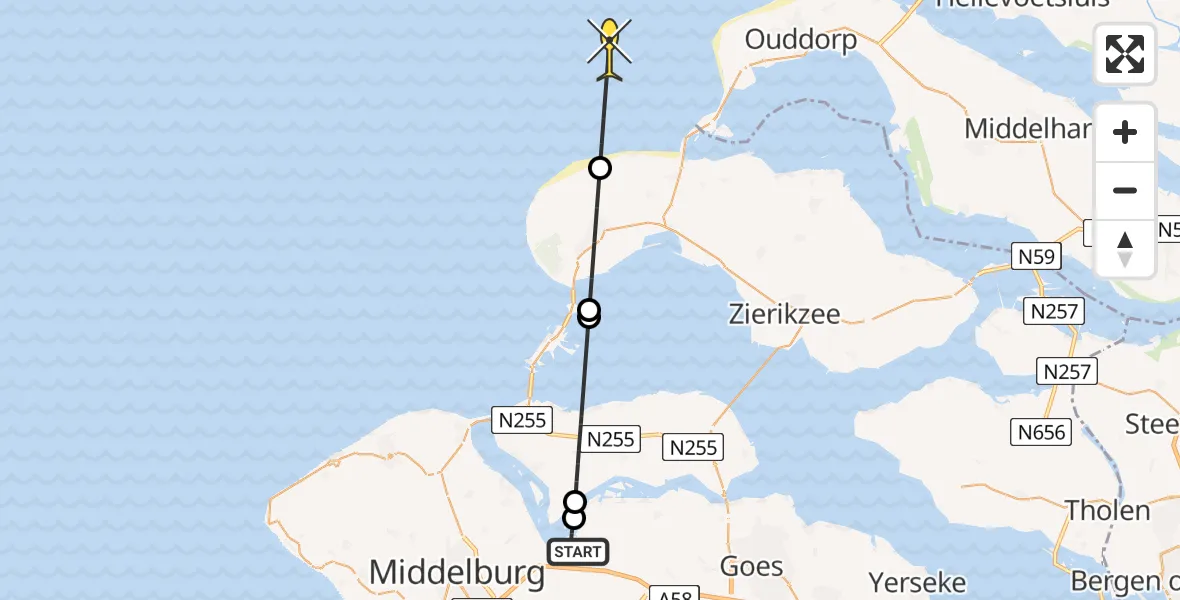 Vluchtroute Kustwachthelikopter van Vliegveld Midden-Zeeland naar 