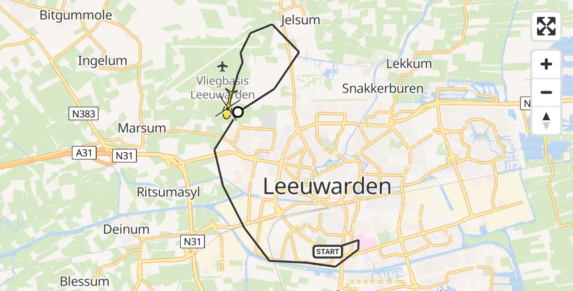 Routekaart van de vlucht: Ambulanceheli naar Vliegbasis Leeuwarden, Van Harinxmaplein