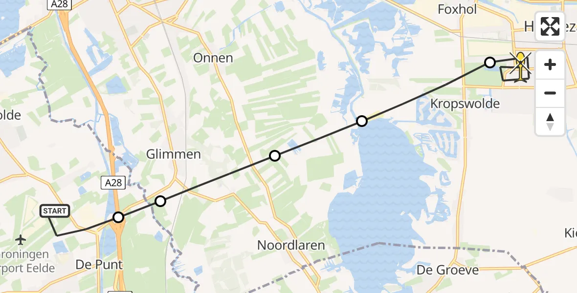 Routekaart van de vlucht: Lifeliner 4 naar Hoogezand, Burgemeester J.G. Legroweg