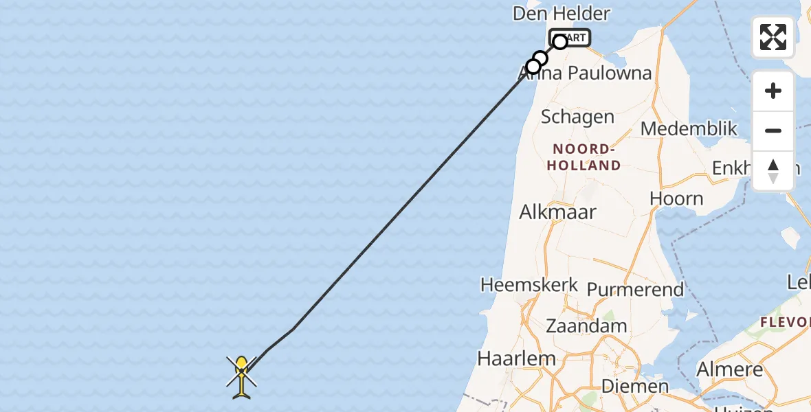 Routekaart van de vlucht: Kustwachthelikopter naar Middenvliet