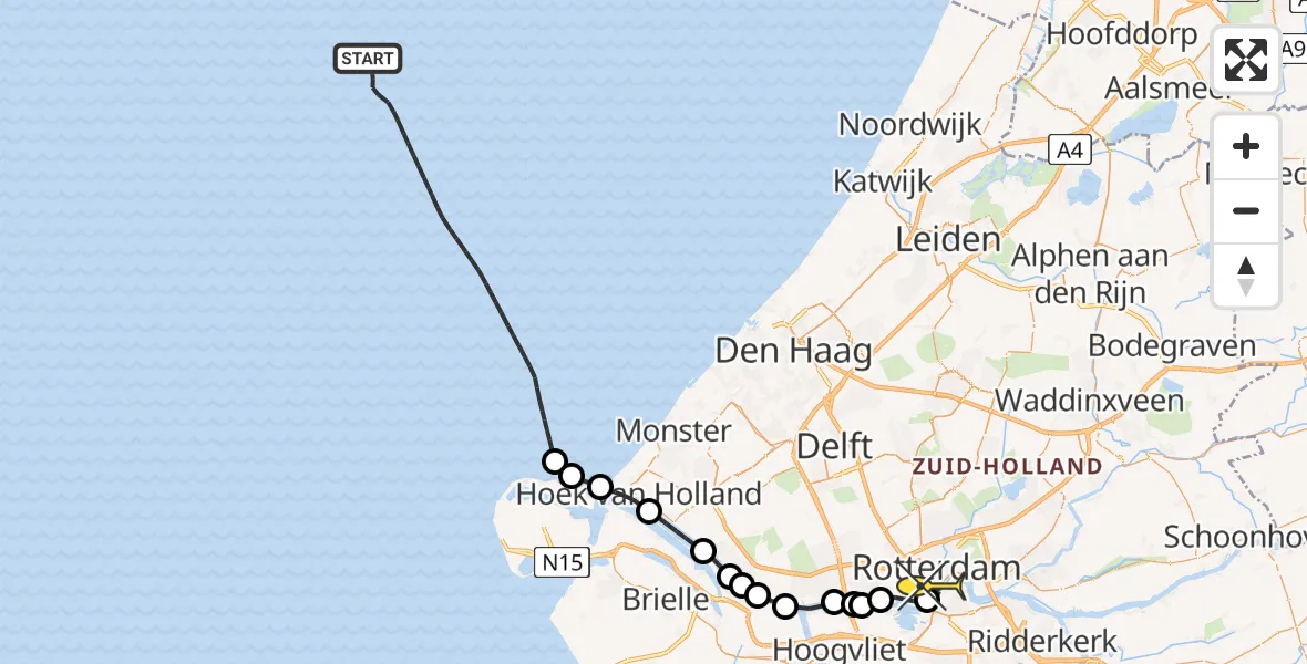 Routekaart van de vlucht: Kustwachthelikopter naar Erasmus MC, Westzeedijk