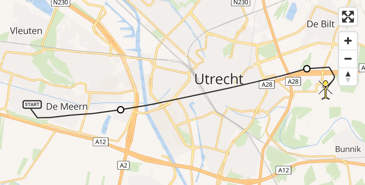 Routekaart van de vlucht: Lifeliner 2 naar Universitair Medisch Centrum Utrecht, Melkmeisjeslaan