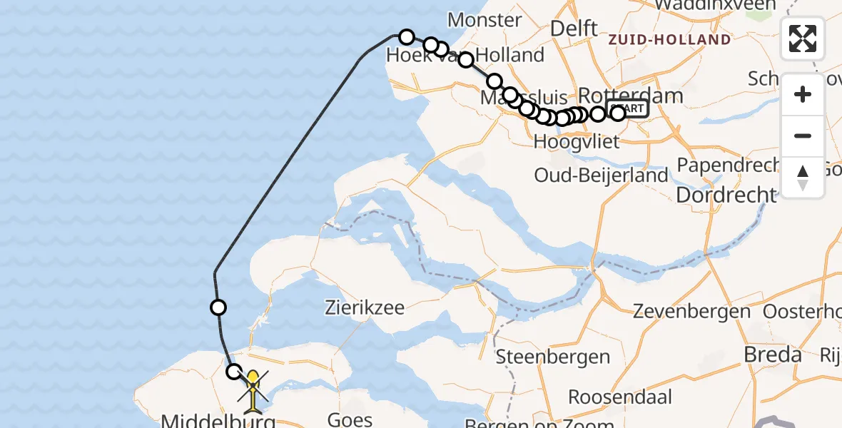 Routekaart van de vlucht: Kustwachthelikopter naar Veere, Westzeedijk