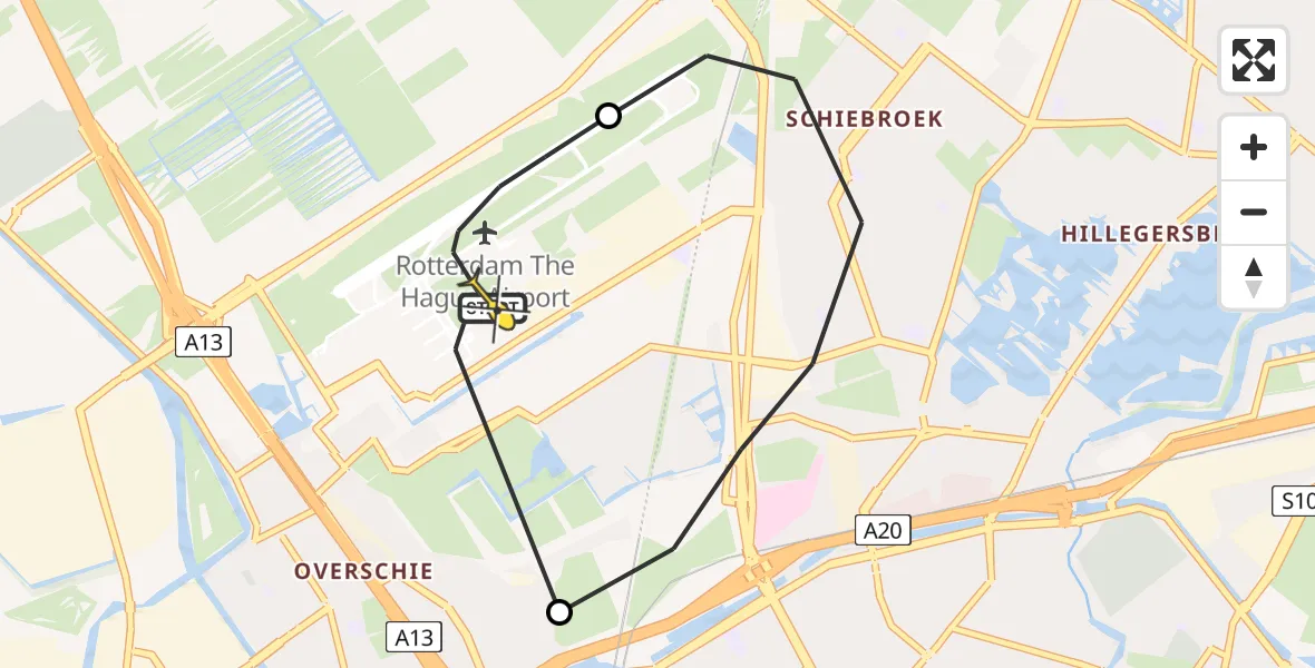 Routekaart van de vlucht: Politieheli naar Rotterdam The Hague Airport, Oude Kleiweg