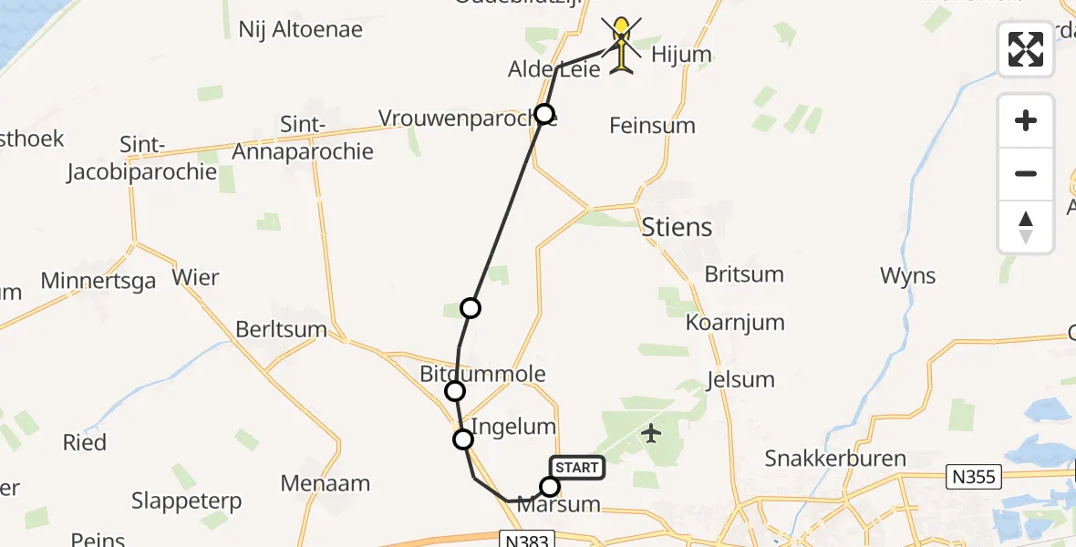 Routekaart van de vlucht: Ambulanceheli naar Hijum, Riemer Veemanstrjitte