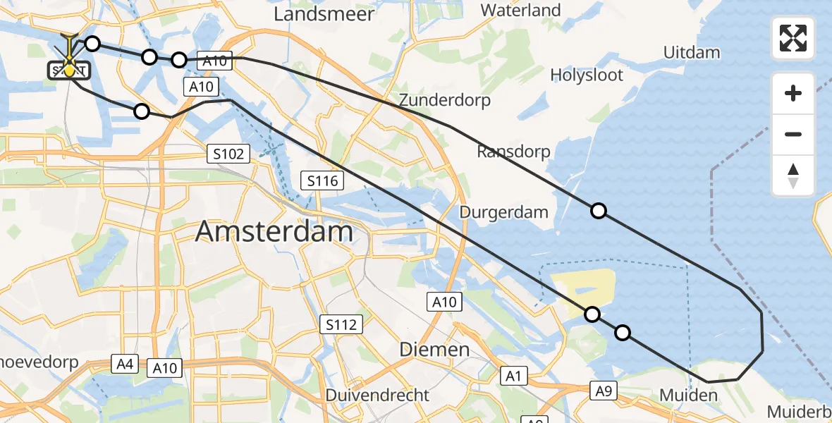 Routekaart van de vlucht: Lifeliner 1 naar Amsterdam Heliport, Kompasweg