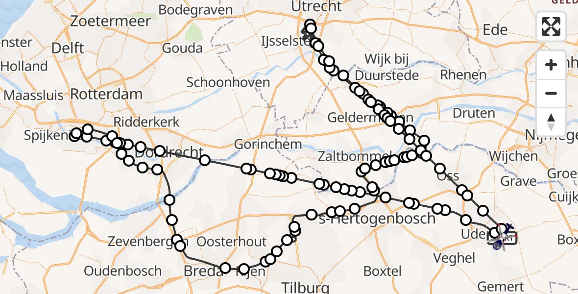 Vluchtroute Politiehelikopter van Vliegbasis Volkel naar Vliegbasis Volkel