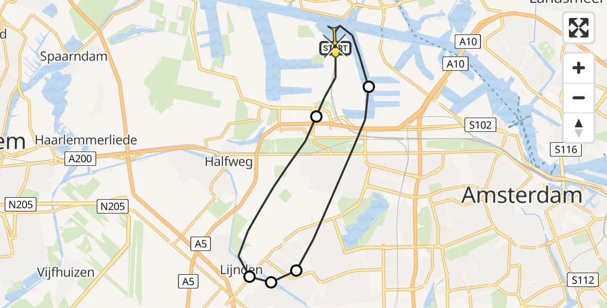 Routekaart van de vlucht: Lifeliner 1 naar Amsterdam Heliport, Nieuw-Zeelandweg