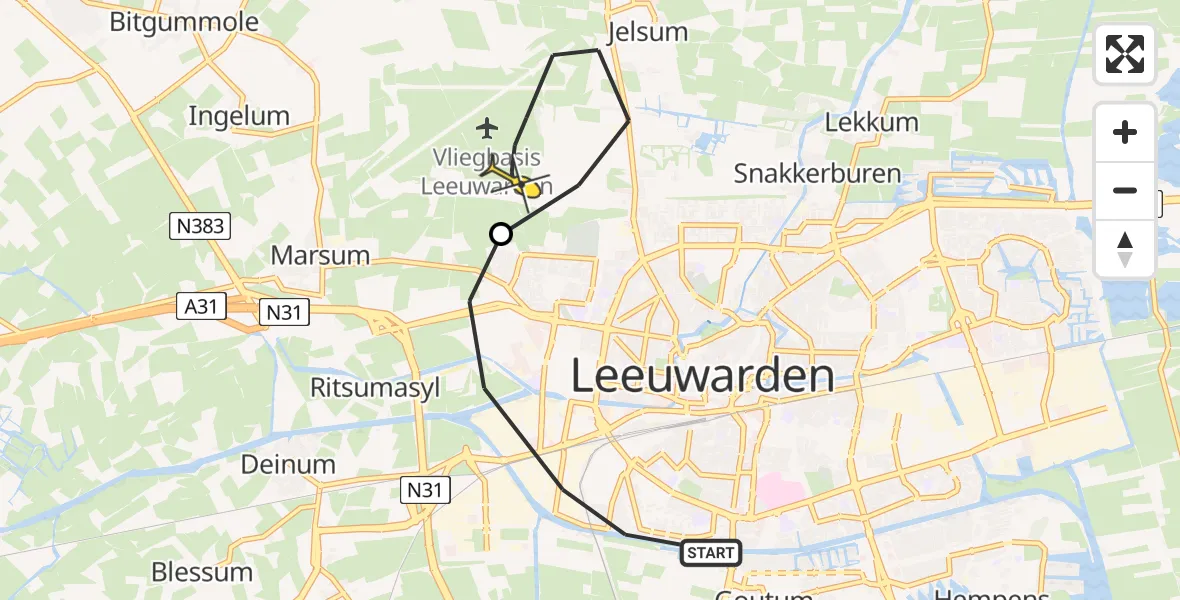 Routekaart van de vlucht: Ambulanceheli naar Vliegbasis Leeuwarden, Zwettestraat