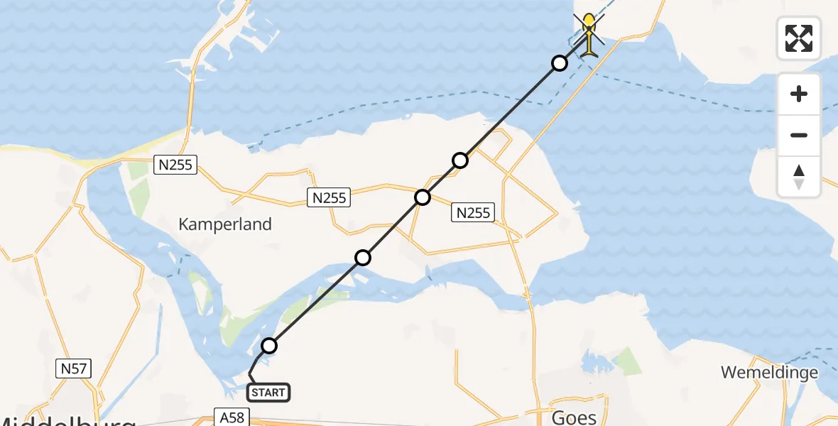 Routekaart van de vlucht: Lifeliner 2 naar Zierikzee, Oranjeplaatweg