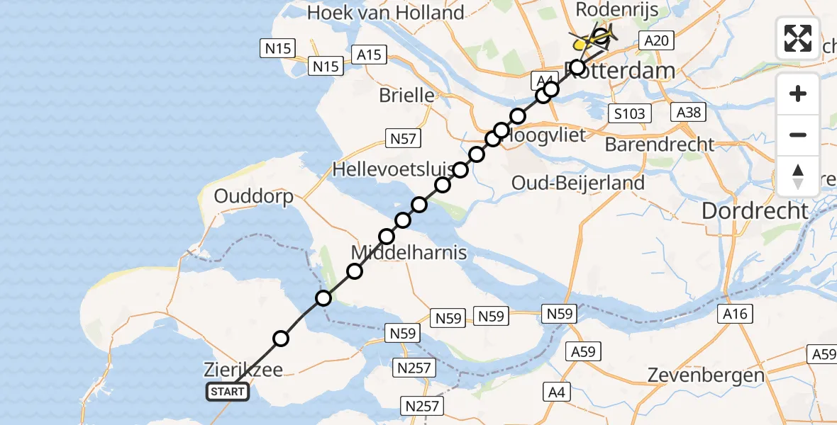 Routekaart van de vlucht: Lifeliner 2 naar Rotterdam The Hague Airport, Bettewaardsedijk