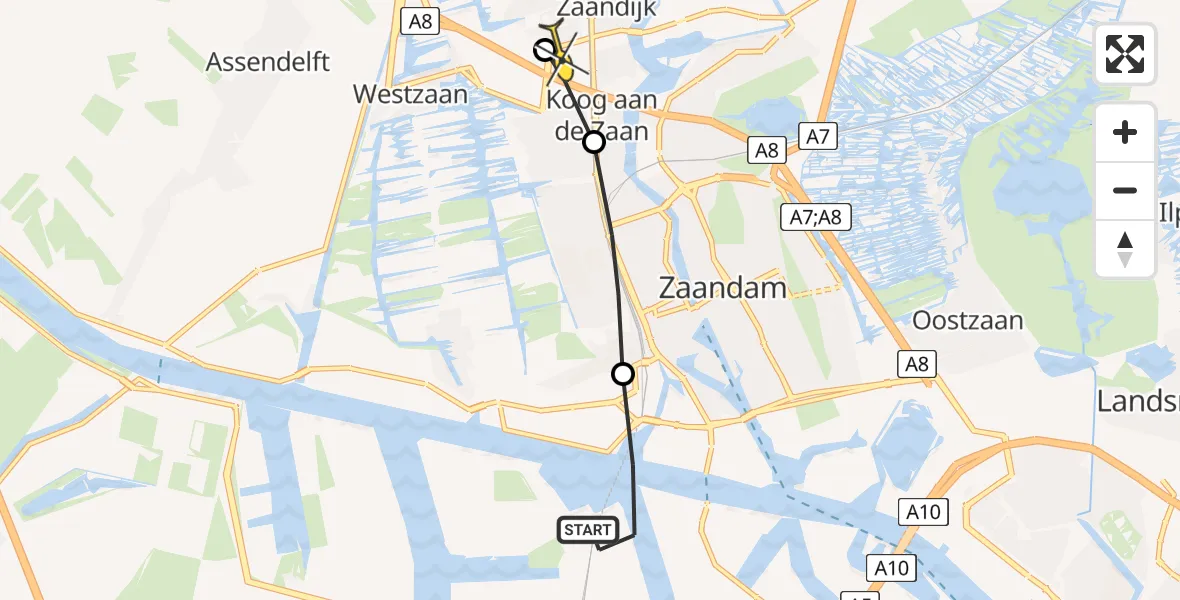 Routekaart van de vlucht: Lifeliner 1 naar Zaandijk, Grote Tocht