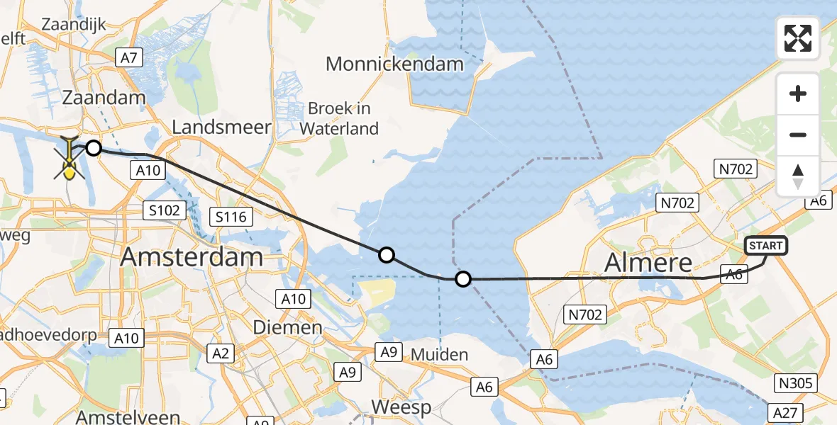 Routekaart van de vlucht: Lifeliner 1 naar Amsterdam Heliport, Oosterwold