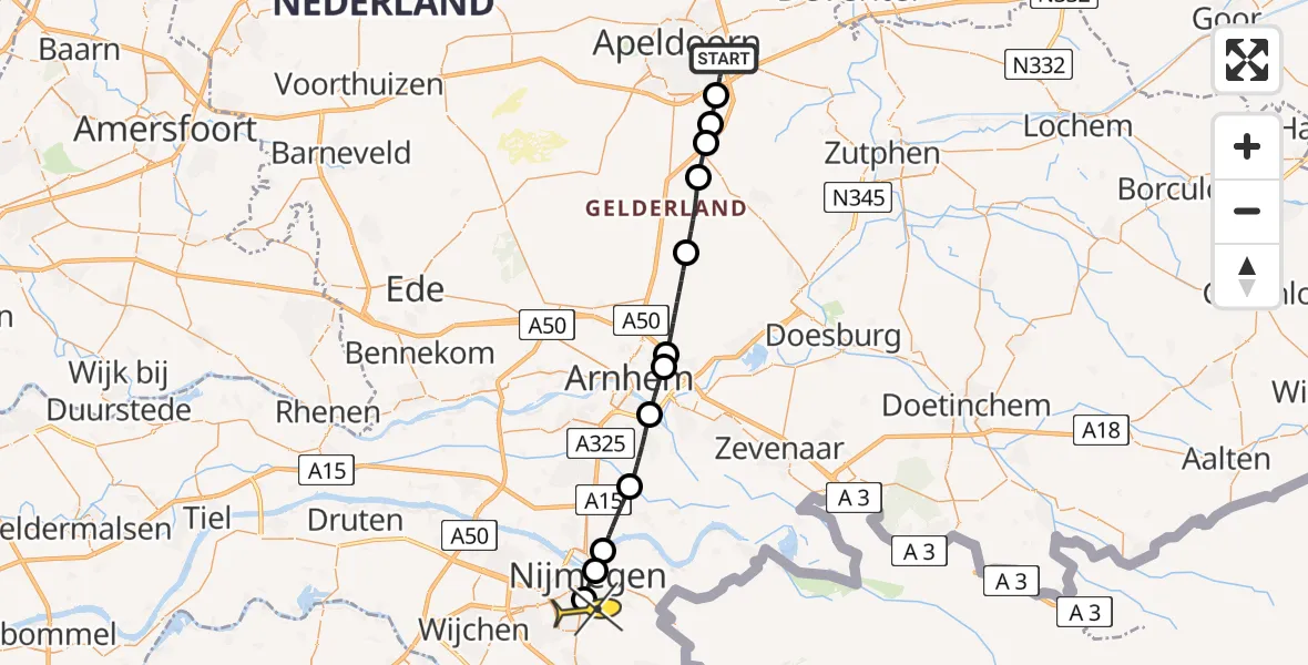 Routekaart van de vlucht: Lifeliner 3 naar Radboud Universitair Medisch Centrum, Zadelmakersdonk