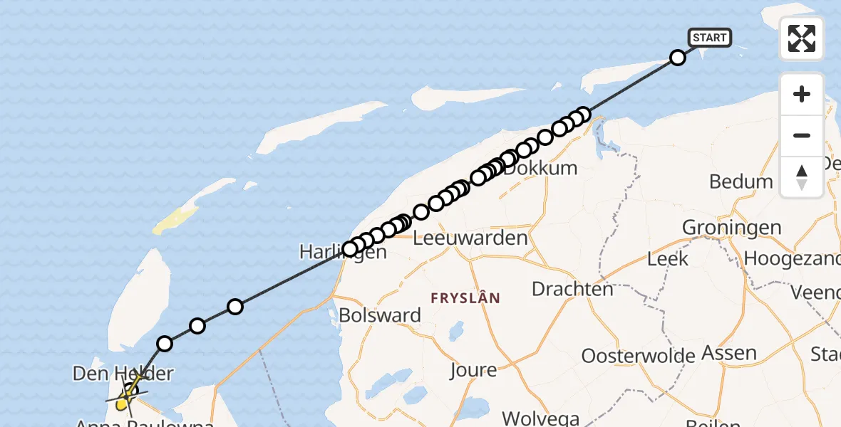 Routekaart van de vlucht: Kustwachthelikopter naar Vliegveld De Kooy, Doggersvaart