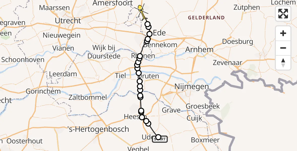 Vluchtroute Politiehelikopter van Vliegbasis Volkel naar Lunteren