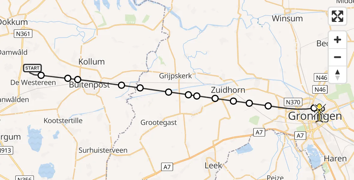 Routekaart van de vlucht: Lifeliner 4 naar Universitair Medisch Centrum Groningen, Miedloane