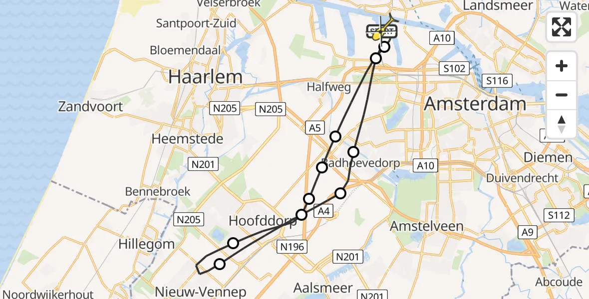 Routekaart van de vlucht: Lifeliner 1 naar Amsterdam Heliport, Hornweg