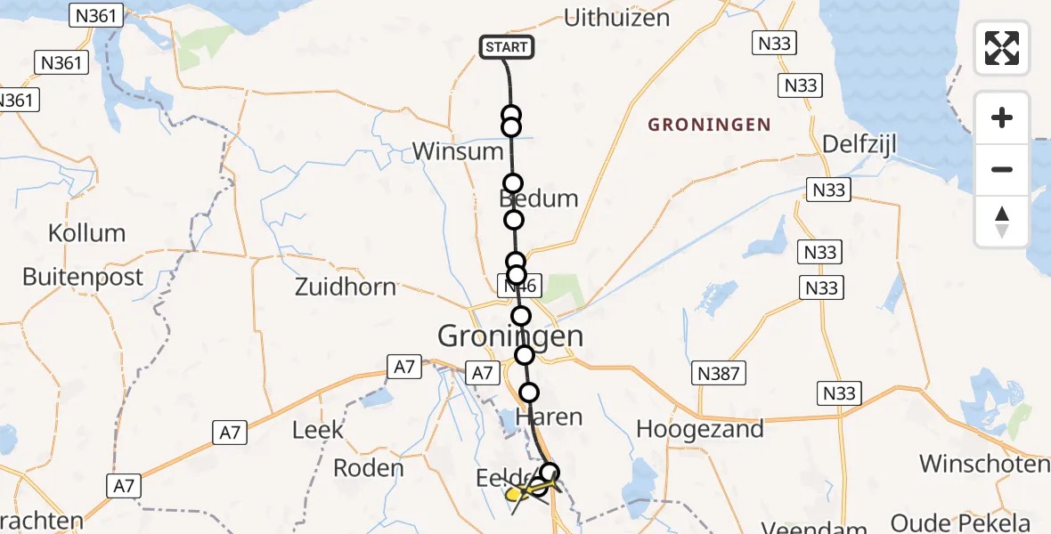 Routekaart van de vlucht: Lifeliner 4 naar Groningen Airport Eelde, Onderdendamsterweg