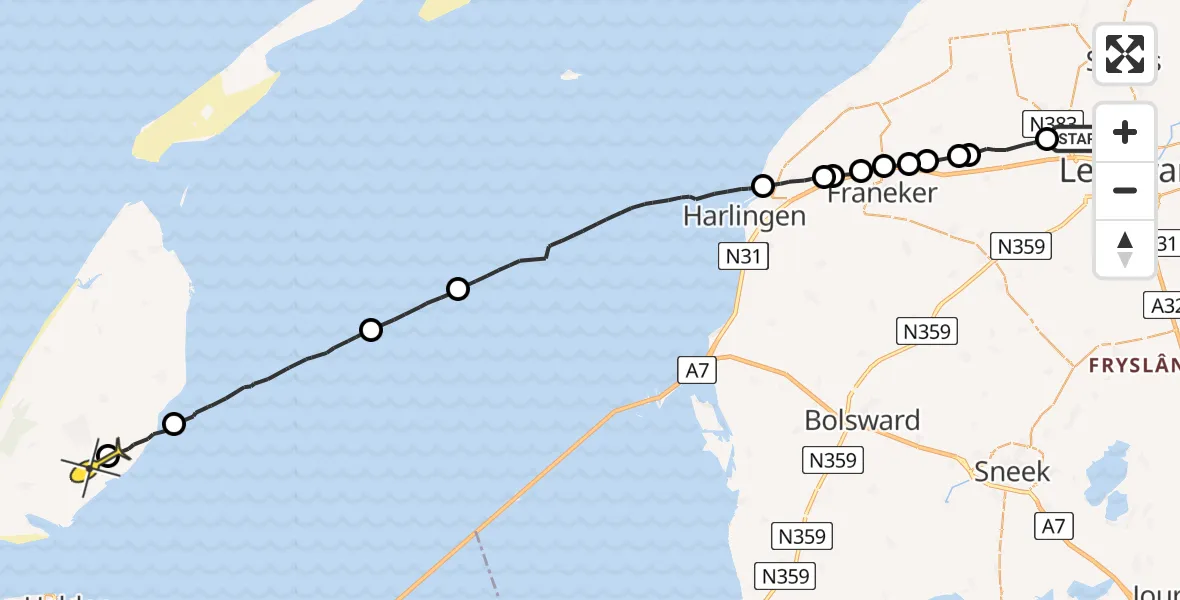 Routekaart van de vlucht: Ambulancehelikopter naar Den Burg, Westergoawei