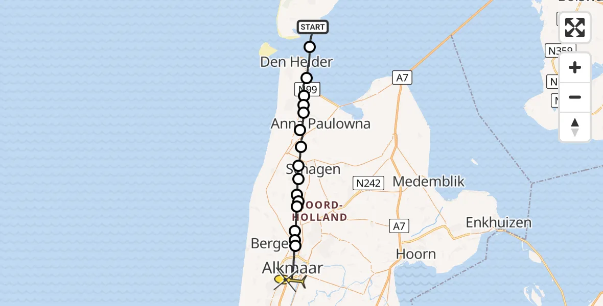 Routekaart van de vlucht: Ambulancehelikopter naar Alkmaar, Zuider Haaks