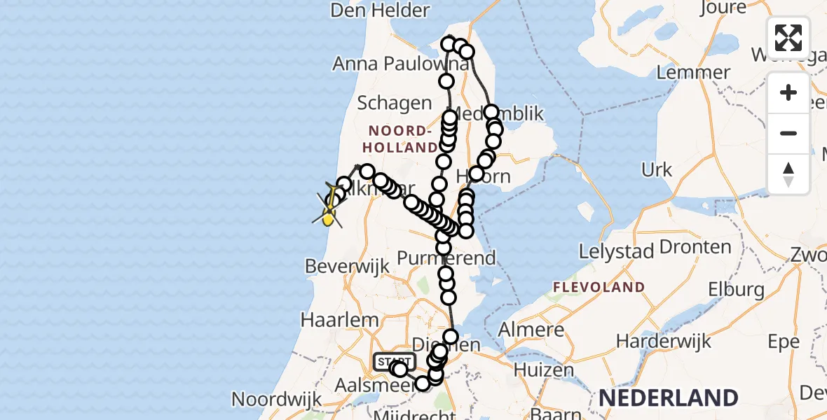 Routekaart van de vlucht: Politieheli naar Egmond-Binnen, Westerkimweg