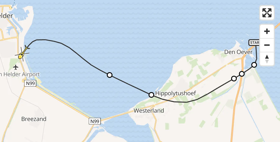 Routekaart van de vlucht: Kustwachthelikopter naar Vliegveld De Kooy, Sluiskolkkade