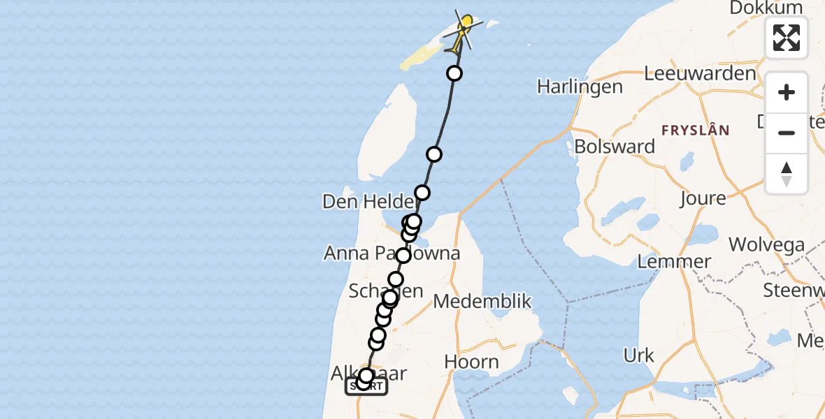 Routekaart van de vlucht: Ambulanceheli naar Vlieland, Heilooër Tolweg