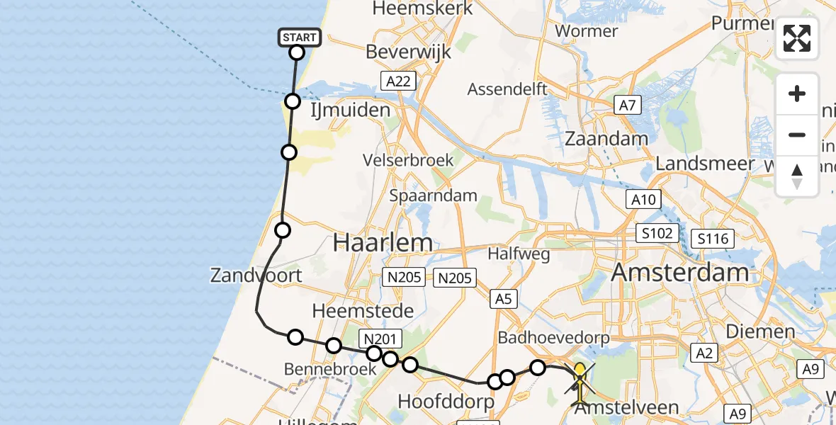 Routekaart van de vlucht: Politieheli naar Schiphol, Noordpier