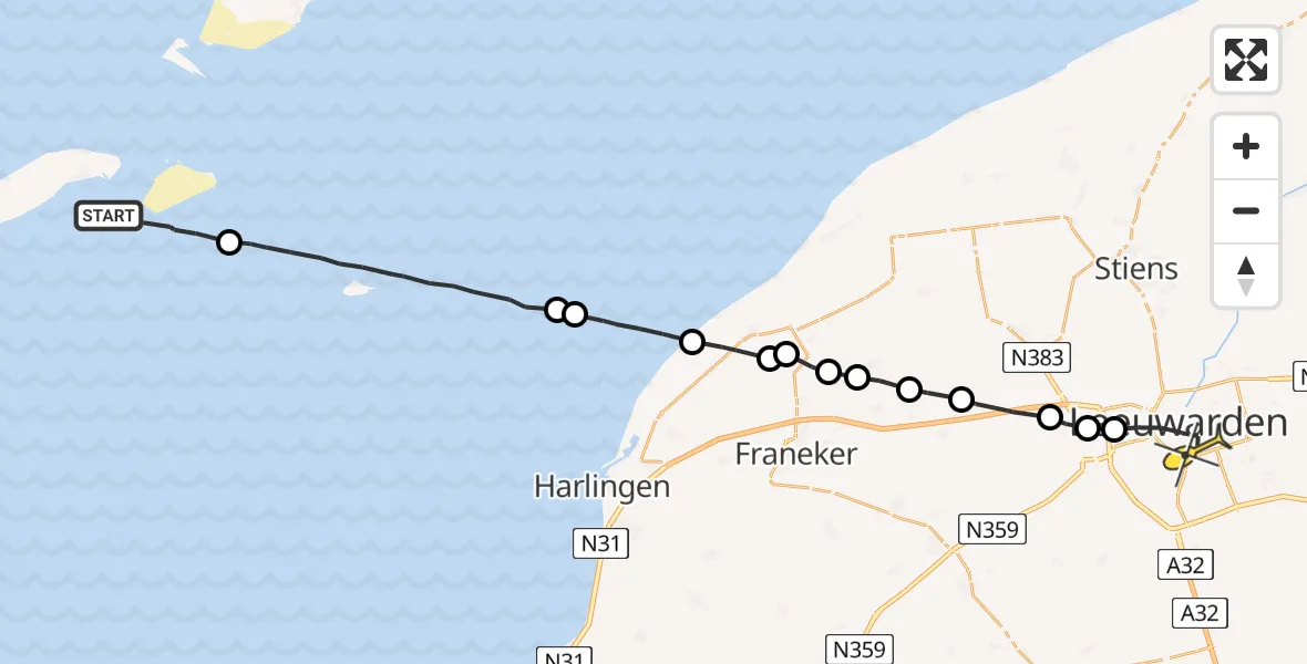 Routekaart van de vlucht: Ambulanceheli naar Leeuwarden, Aldlânsdyk